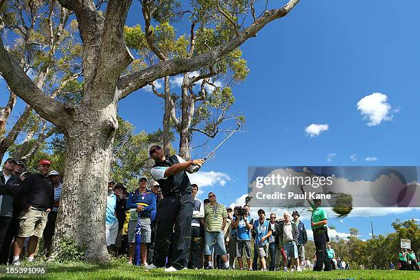 Brody Ninyette of Australia plays out of the rough on the 14th hole during day four of the Perth International at Lake Karrinyup Country Club on...