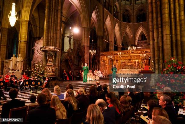 Adam Lambert and Beverley Knight MBE perform during the Royal Carols - Together At Christmas service at Westminster Abbey on December 8, 2023 in...