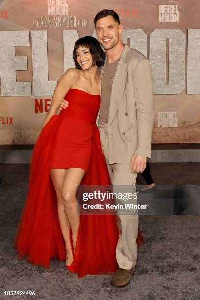 Sofia Boutella and Ed Skrein attend Netflix's "Rebel Moon - Part One: A Child Of Fire" Los Angeles premiere at TCL Chinese Theatre on December 13,...