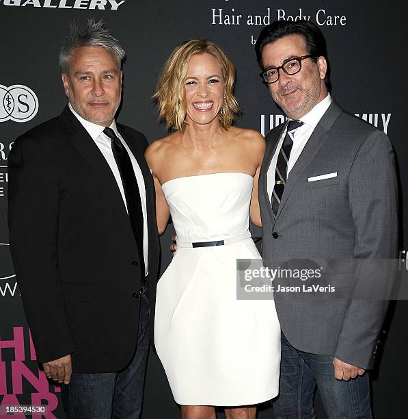 Actress Maria Bello and designers Ken Kaufman and Isaac Franco of KAUFMANFRANCO attend the 2013 Pink Party at Hangar 8 on October 19, 2013 in Santa...