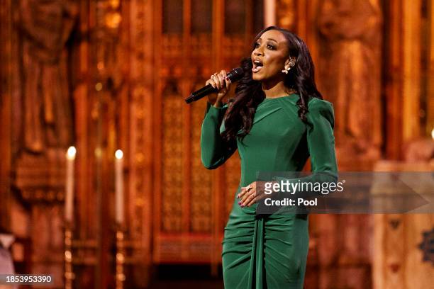 Beverley Knight performs during the Royal Carols - Together At Christmas service at Westminster Abbey on December 8, 2023 in London, England.
