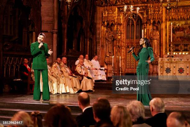 Adam Lambert and Beverley Knight perform during the Royal Carols - Together At Christmas service at Westminster Abbey on December 8, 2023 in London,...