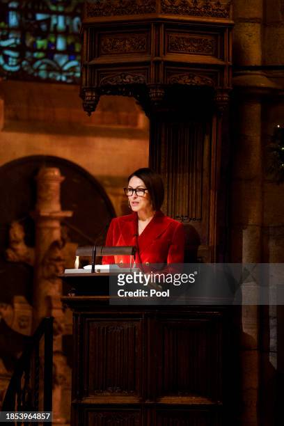Emma Willis gives a reading during the Royal Carols - Together At Christmas service at Westminster Abbey on December 8, 2023 in London, England.