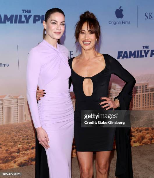 Michelle Monaghan and Maggie Q attend "The Family Plan" world premiere at The Chelsea at The Cosmopolitan of Las Vegas on December 13, 2023 in Las...
