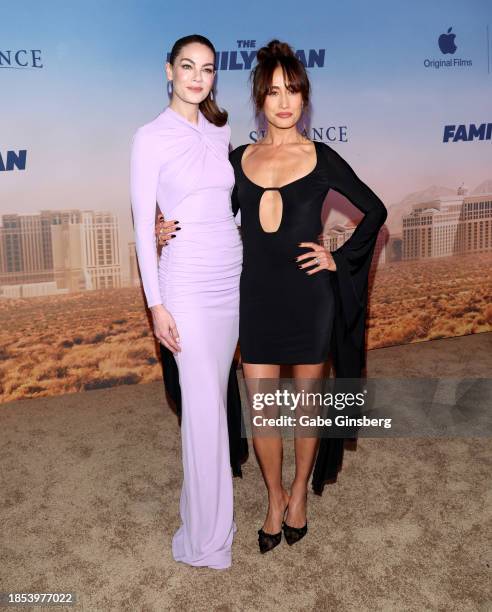 Michelle Monaghan and Maggie Q attend "The Family Plan" world premiere at The Chelsea at The Cosmopolitan of Las Vegas on December 13, 2023 in Las...