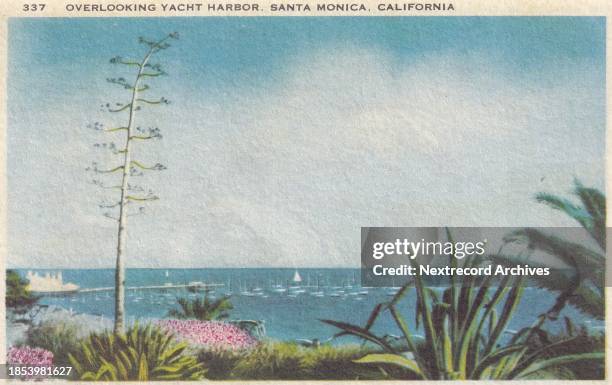 Vintage colorized historic souvenir photo postcard published in 1947 as part of a series titled, 'Santa Monica, California,' depicting a view of the...