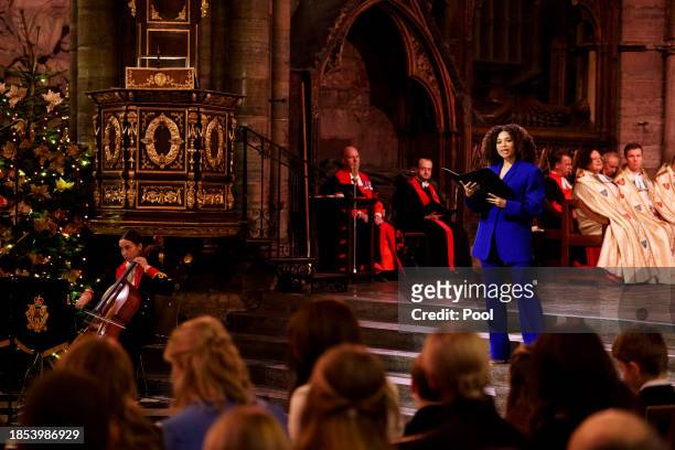 Leonie Elliott gives a reading during the Royal Carols - Together At Christmas service at Westminster Abbey on December 8, 2023 in London, England.