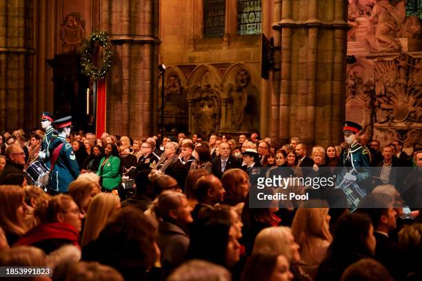 The Romford Drum and Trumpet Corps perform during the Royal Carols - Together At Christmas service at Westminster Abbey on December 8, 2023 in...
