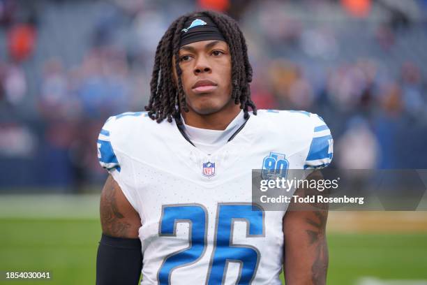 Running back Jahmyr Gibbs of the Detroit Lions looks on prior to an NFL football game against the Chicago Bears at Soldier Field on December 10, 2023...