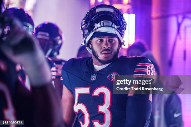 Linebacker T.J. Edwards of the Chicago Bears exits the tunnel prior to an NFL football game against the Detroit Lions at Soldier Field on December...