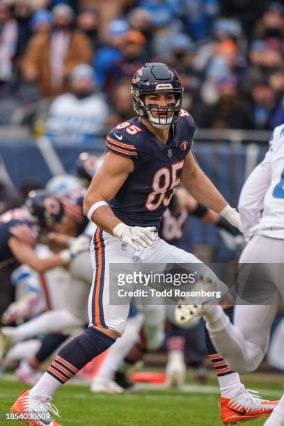 Tight end Cole Kmet of the Chicago Bears sets up for the snap during an NFL football game against the Detroit Lions at Soldier Field on December 10,...