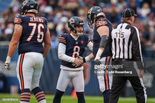 Place kicker Cairo Santos of the Chicago Bears celebrates a field goal during an NFL football game against the Detroit Lions at Soldier Field on...