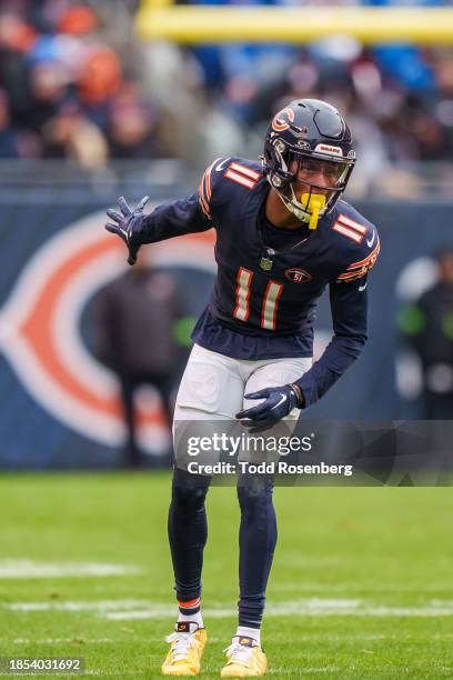 Wide receiver Darnell Mooney of the Chicago Bears sets up for the snap during an NFL football game against the Detroit Lions at Soldier Field on...