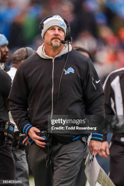 Head coach Dan Campbell of the Detroit Lions looks on from the sideline during an NFL football game against the Chicago Bears at Soldier Field on...