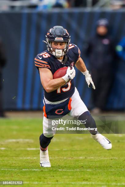 Wide receiver Trent Taylor of the Chicago Bears runs the ball during an NFL football game against the Detroit Lions at Soldier Field on December 10,...