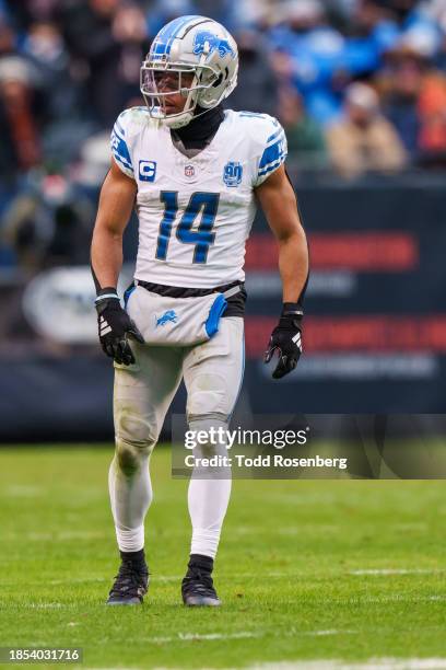 Wide receiver Amon-Ra St. Brown of the Detroit Lions sets up for the snap during an NFL football game against the Chicago Bears at Soldier Field on...