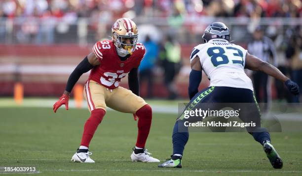 Logan Ryan of the San Francisco 49ers defends during the game against the Seattle Seahawks at Levi's Stadium on December 10, 2023 in Santa Clara,...