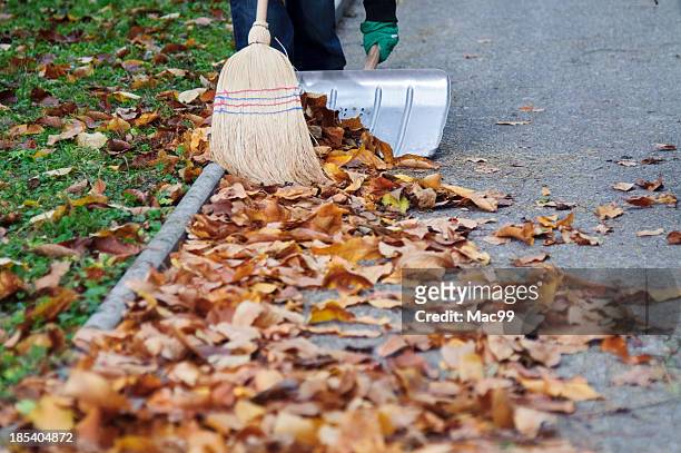 sweeping autumn leaves - vegen stockfoto's en -beelden