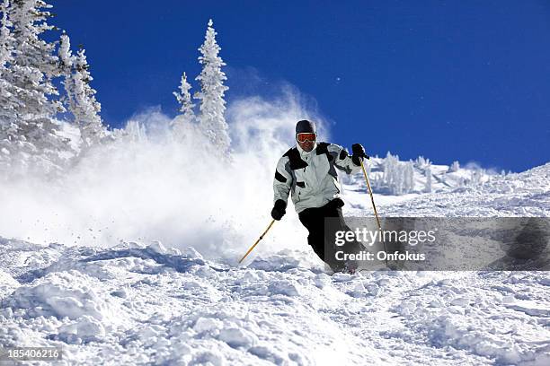 homem esquiador em ação em pó neve com céu claro - powder snow imagens e fotografias de stock