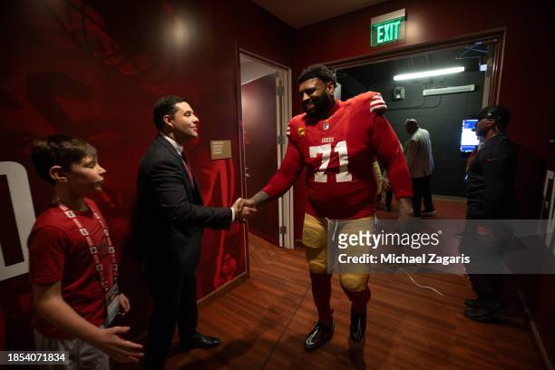 Jed York and Trent Williams of the San Francisco 49ers in the locker room after the game against the Seattle Seahawks at Levi's Stadium on December...