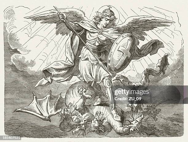 michael's battle with the dragon (revelation 12, 7) - archangel stock illustrations