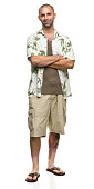 Cheerful Man in Hawaiian Shirt and Shorts