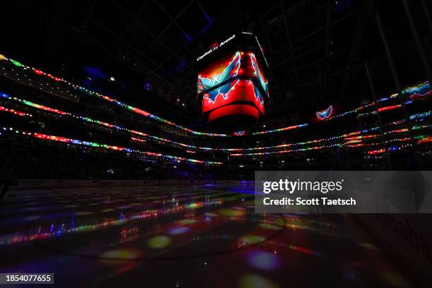 General view of the holiday themed lights and scoreboard in the arena before the second period of the game between the Washington Capitals and the...