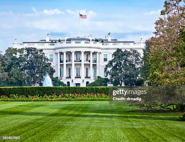 white house with fountain, flowers and lush green lawn - oval office stock pictures, royalty-free photos & images