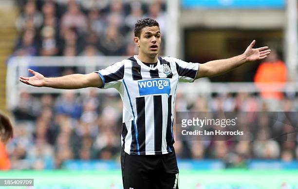 Hatem Ben Arfa of Newcastle United reacts during the Barclays Premier League game between Newcastle United and Liverpool at St James' Park on October...