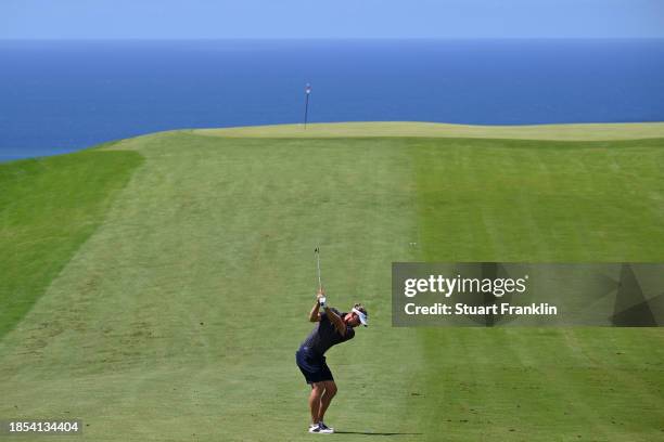 Marcel Siem of Germany plays a shot on the third hole on Day One of the AfrAsia Bank Mauritius Open 2024 at Heritage La Reserve Golf Club on December...