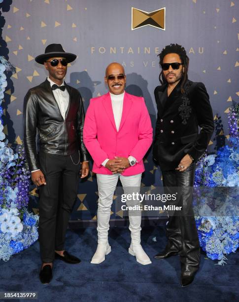 Aloe Blacc, Vassal Benford and Lenny Kravitz attend the grand opening of Fontainebleau Las Vegas on December 13, 2023 in Las Vegas, Nevada.