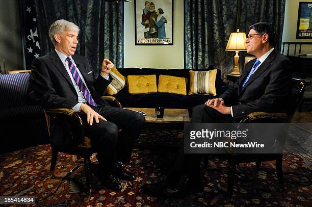 Pictured: Moderator David Gregory, left, and Jack Lew, U.S. Treasury Secretary, right, appear in a pre taped interview on "Meet the Press" in...