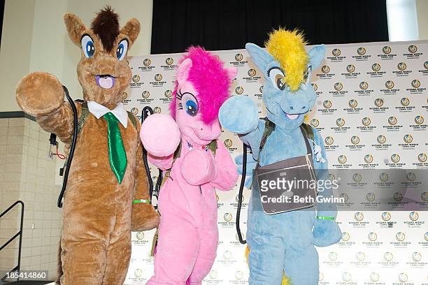 Judson Hudson, Michael Porter and Jessica Hudson pose as Dr. Hoofs, Pinkie Pie, and Derpy at the Nashville Comic Con 2013 at Music City Center on...