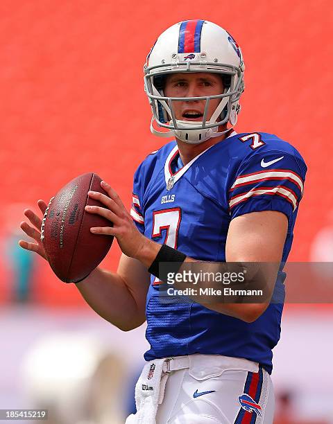 Jeff Tuel of the Buffalo Bills warms up during a game against the Miami Dolphins at Sun Life Stadium on October 20, 2013 in Miami Gardens, Florida.