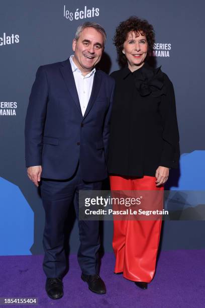 Xavier Bertrand and Laurence Herszberg attend the "Les Eclats" By Series Mania Photocall at La Gaite Lyrique on December 13, 2023 in Paris, France.