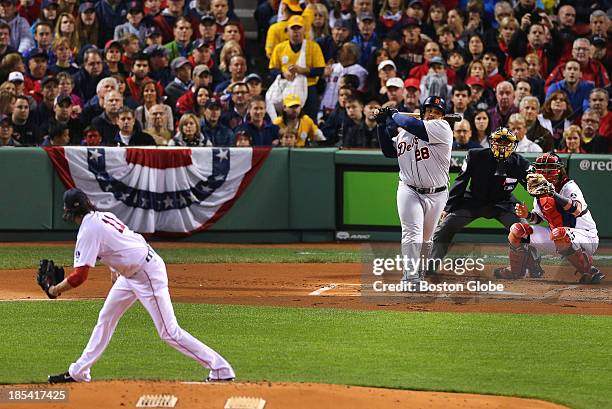 Red Sox pitcher Clay Buchholz strikes out Detroit's Prince Fielder in the first inning of Game Six of the American League Champion Series between the...