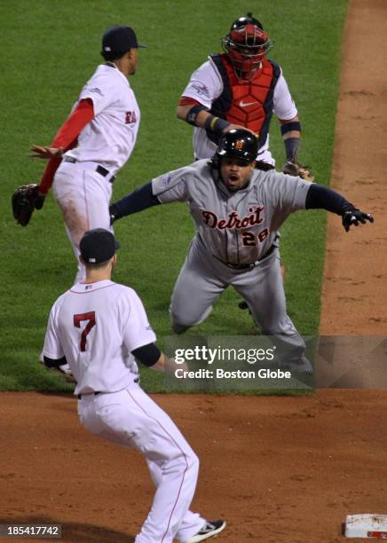 Detroit's Prince Fielder caught in a rundown in the sixth inning of Game Six of the American League Champion Series between the Detroit Tigers and...