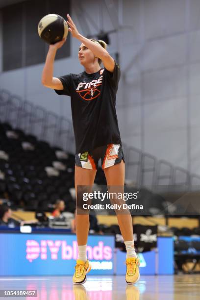 Cassandra Brown of the Fire warms up during the WNBL match between Southside Flyers and Townsville Fire at State Basketball Centre, on December 14 in...