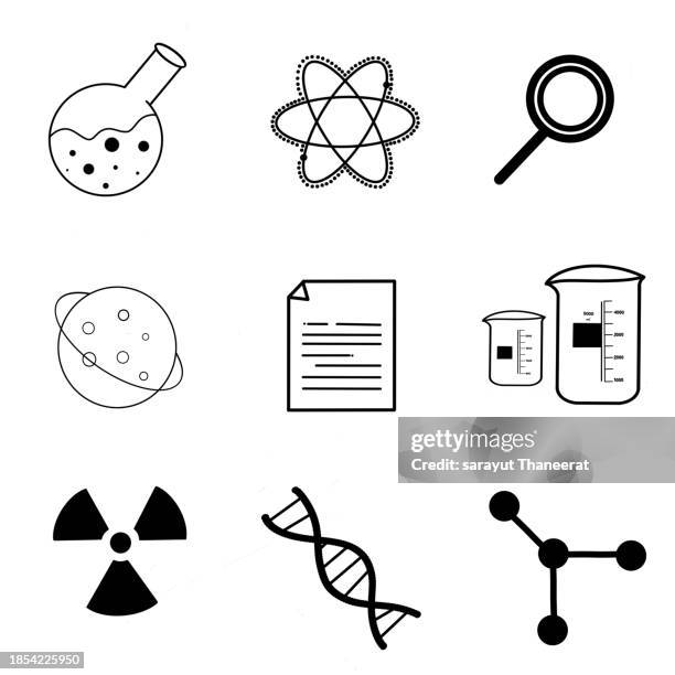 group of science symbols, black lines, white background. - bottle icon stock pictures, royalty-free photos & images