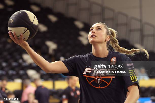 Cassandra Brown of the Fire warms up during the WNBL match between Southside Flyers and Townsville Fire at State Basketball Centre, on December 14 in...