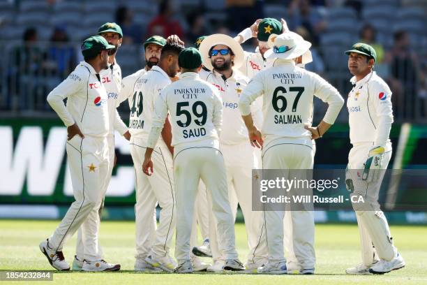 Khurram Shahzad of Pakistan celebrates after taking the wicket of Steve Smith of Australia during day one of the Men's First Test match between...