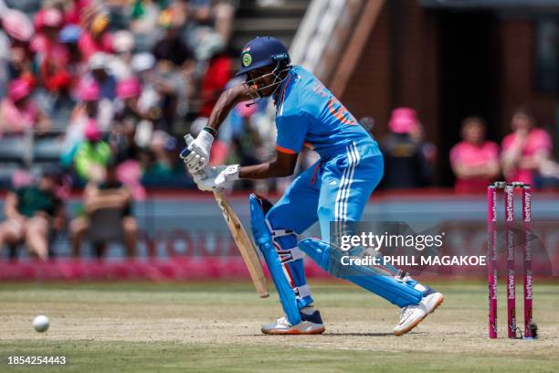 India's Sai Sudharsan watches the ball after playing a shot during the 1st ODI cricket match between South Africa and India at The Wanderers Stadium...