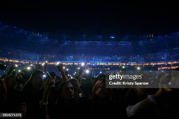 General view of the audience during Hip hop duo Bigflo & Oli's performance at Paris La Defense Arena on December 08, 2023 in Nanterre, France.