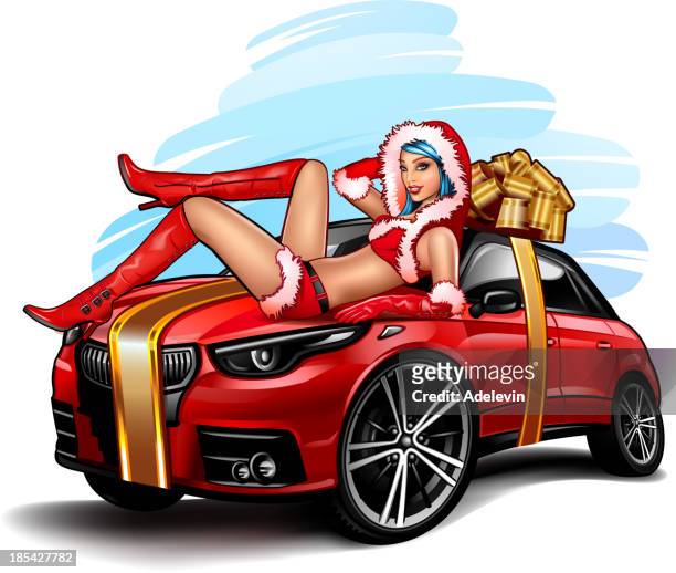 weihnachten mädchen in rote auto - einwickeln stock-grafiken, -clipart, -cartoons und -symbole