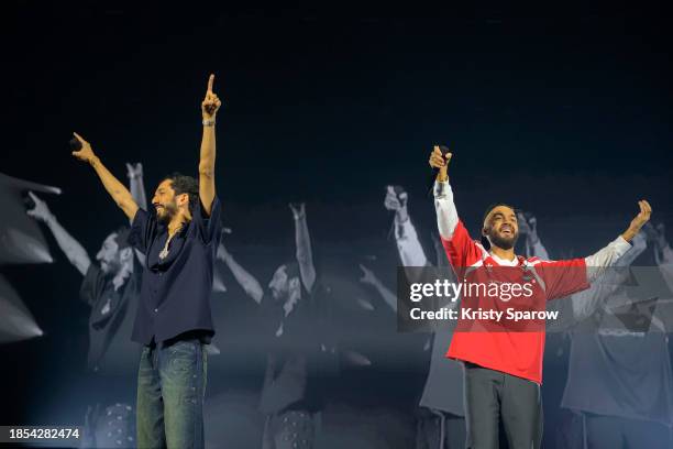 Hip hop duo Bigflo & Oli perform onstage at Paris La Defense Arena on December 08, 2023 in Nanterre, France.