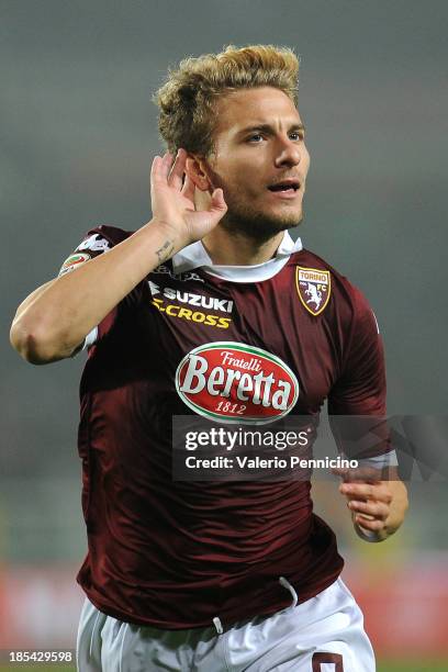 Ciro Immobile of Torino FC celebrates after scoring their second goal during the Serie A match between Torino FC and FC Internazionale Milano at...