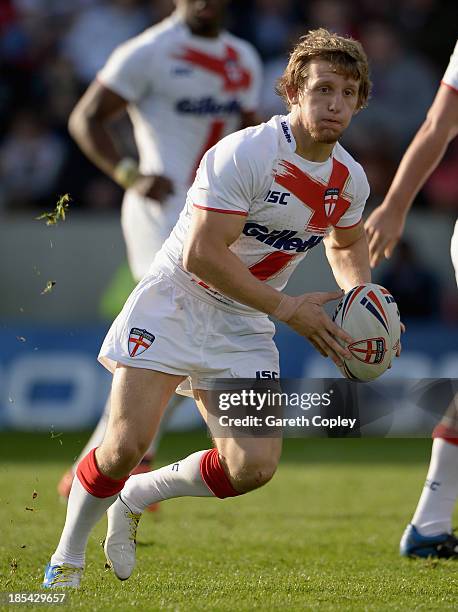 Logan Tomkins of England Knights during the International match between England Knights and Samoa at Salford City Stadium on October 19, 2013 in...