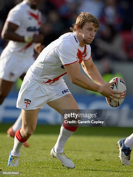 Logan Tomkins of England Knights during the International match between England Knights and Samoa at Salford City Stadium on October 19, 2013 in...