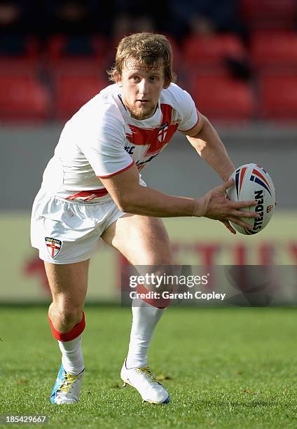 Logan Tomkins of England Knights during the International match between England Knights and Samoa at Salford City Stadium on October 19, 2013 in...