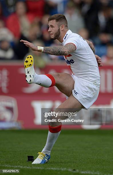 Zak Hardaker of England Knights during the International match between England Knights and Samoa at Salford City Stadium on October 19, 2013 in...